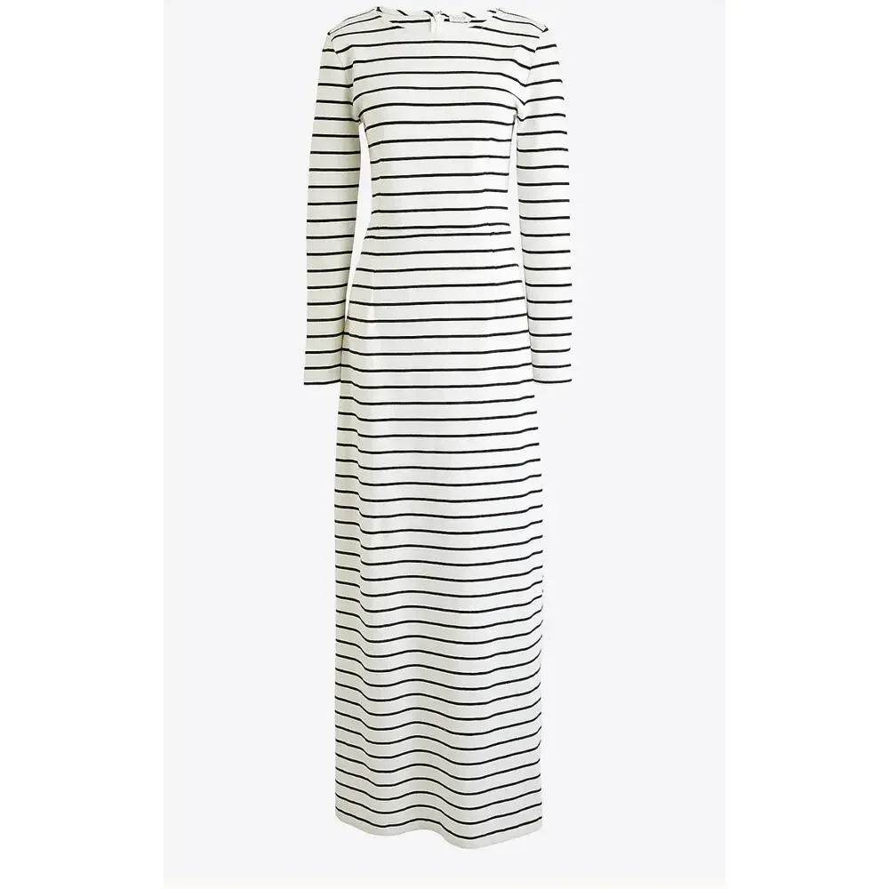 J. Crew Long Sleeve Maxi Dress Sz XL Cotton Stripes Nautical Modest Black White